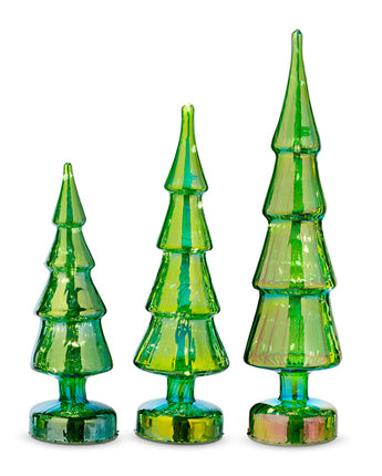 Lighted Green Iridescent Trees Set x3