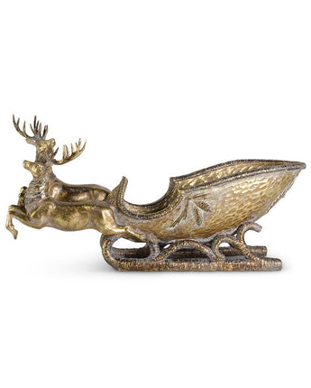 25" Antique Gold Reindeer Pulling Sleigh