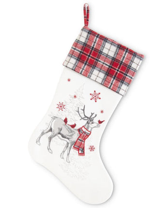 17.5" White & Plaid Reindeer Stocking