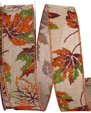 GLITTERED LEAVES WIRED EDGE RIBBON 1.5" X 20 YDS