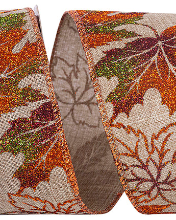 GLITTERED LEAVES WIRED EDGE RIBBON 2.5" X 10 YDS