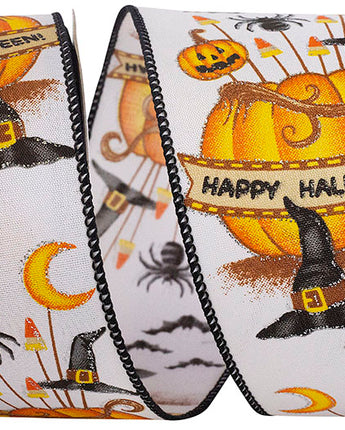 WITCHES HAT & PUMPKINS WIRED EDGE RIBBON 2.5" X 10 YDS