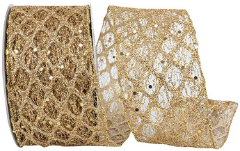 2.5" GOLD GLITTER MESH DIAMOND WEB SEQUIN DOTS RIBBON