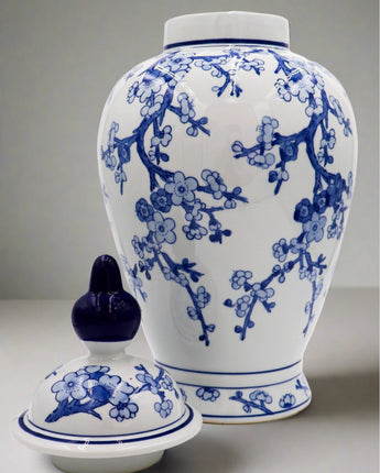 Porcelain Blue and White Chinoiserie Lidded Vase 24"