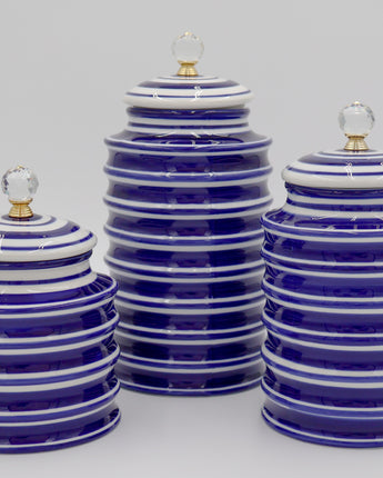 Blue & White Ribbed Canisters with Crystal Knob Set of 3