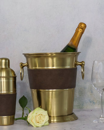 Gold Metal Wine Chiller with Brown Leather Strip 10"