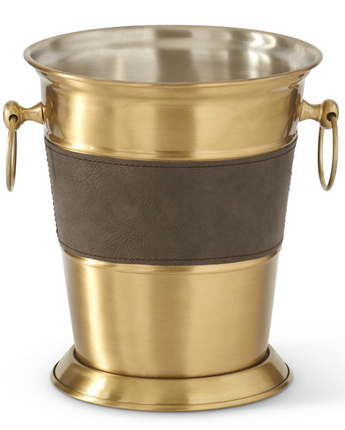 Gold Metal Wine Chiller with Brown Leather Strip 10"