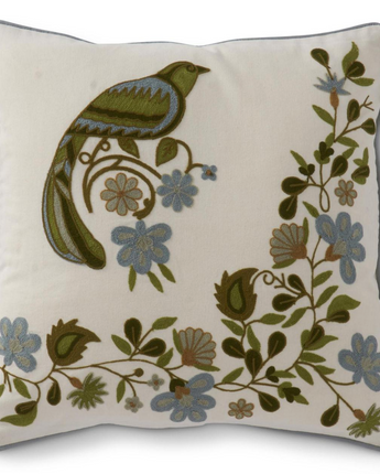 Square Blue & Green Embroidered Floral & Bird Pillow 20"