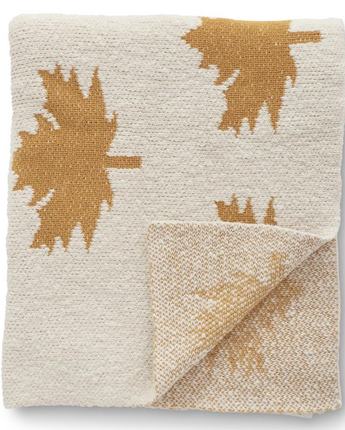 Cream Cotton Knit Throw with Yellow Leaves 60"