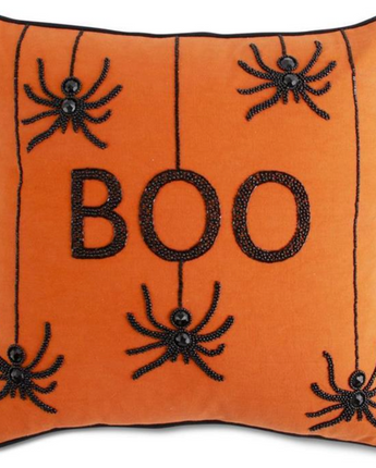 Orange Square Beaded "Boo" Pillow with Spider 18"