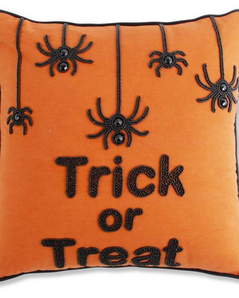 Orange Square Beaded "Trick or Treat" Pillow 18"