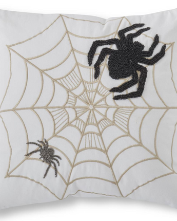 White Halloween Pillow with Embroidered Spider 18"