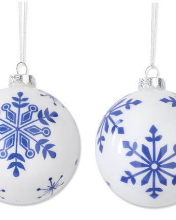 White Glass Ball with Blue Snowflakes 4.25"