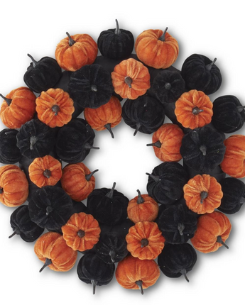 Black & Orange Velvet Pumpkin Wreath 15"