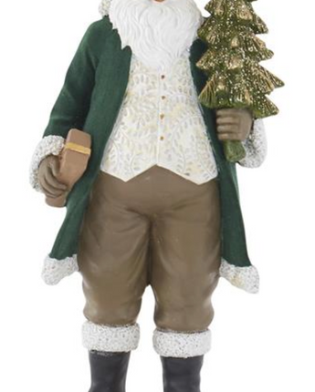 Dark Green Velvet Resin Santa with Gold Glitter Tree 13"