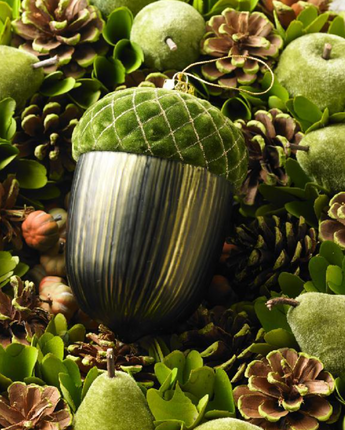 Green Glass Acorn Ornament with Quilted Velvet 6"