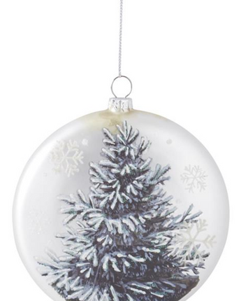 Silver Flat Round Ornament with Glittered Tree 5"