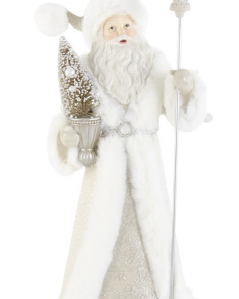 White Resin Fur Trimmed Santa Holding Tree 21"