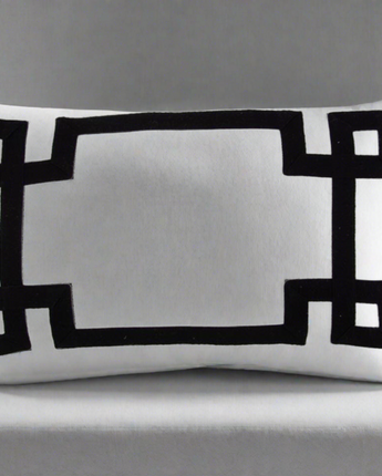 20" Rectangular White Linen Pillow with Black Geometric Pattern