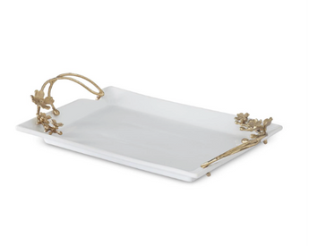 18" White Ceramic Rectangular Tray with Gold Metal Floral Handles