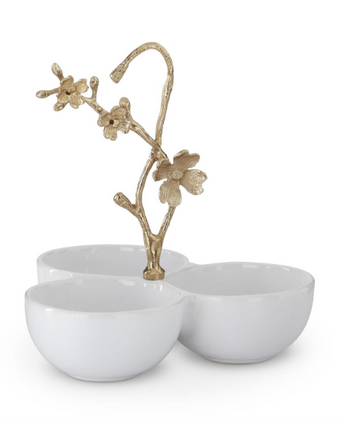 9.75" White Ceramic 3-Bowl Condiment Server with Gold Metal Floral Handle