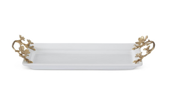 17.25" White Ceramic Rectangular Tray with Gold Metal Floral Handles