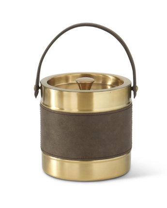 7" Lidded Gold Metal Ice Bucket with Brown Leather Stripe