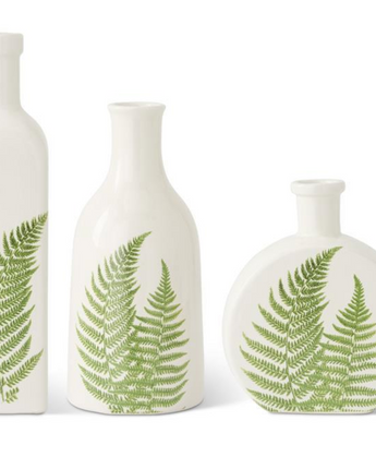 White Ceramic Vases with Green Fern Emboss (Set of 3)