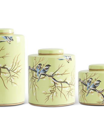 Pale Green Ceramic Ginger Jars with Blue Birds (Set of 3)