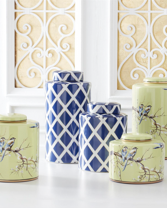 Pale Green Ceramic Ginger Jars with Blue Birds (Set of 3)