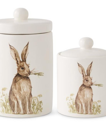 White Ceramic Lidded Container with Bunny (Set of 2)