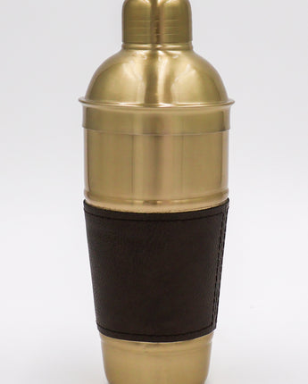 Gold Metal Cocktail Shaker with Brown Leather Strip 9.25"