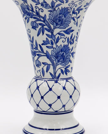 Blue & White Fluted Chinoiserie Vase 14"